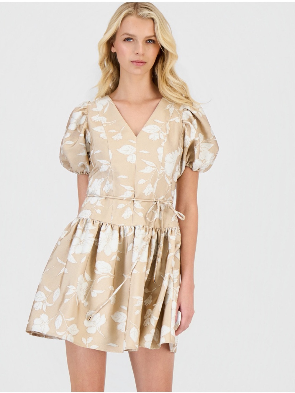 Anne Klein Beige and White Floral Puffed-Sleeve Mini Dress from Macy’s